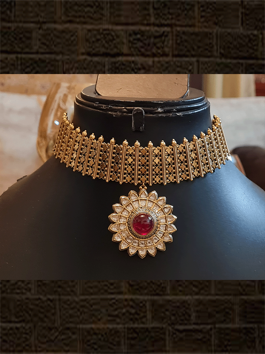 Broad chain choker with ruby and kundan stone flower center pendant - Odara Jewellery