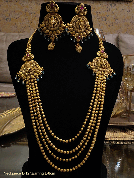 Four gold bead strings ganpatiji side brooch long set - Odara Jewellery