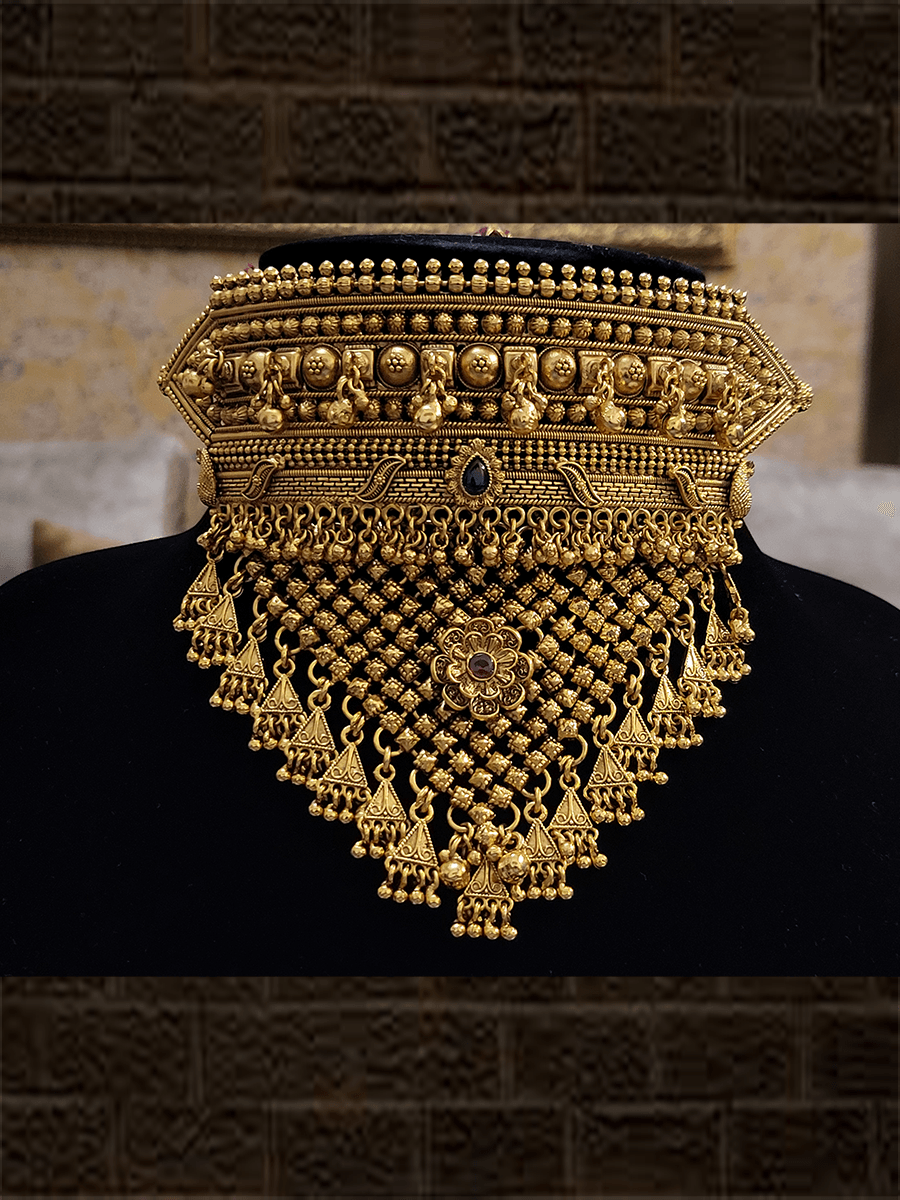 Traditional Rajputi broad set with green stone and mesh design with triangular hangings - Odara Jewellery