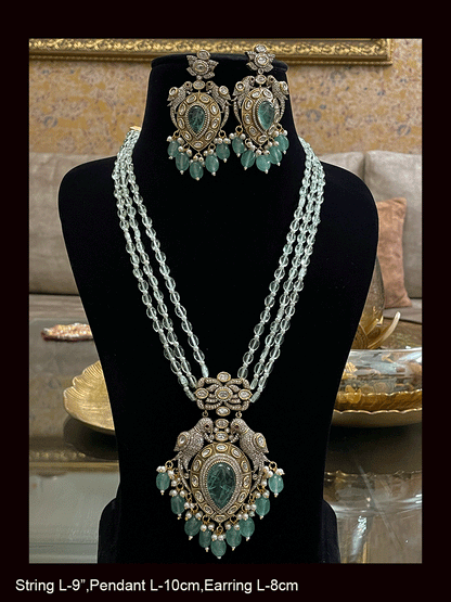 Three coloured glass bead strings long antique finish pendant set with tear drop stone in pendant with AD and kundan