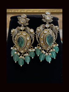 Three coloured glass bead strings long antique finish pendant set with tear drop stone in pendant with AD and kundan