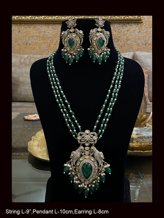 Three coloured glass bead strings long antique finish pendant set with tear drop stone in pendant with AD and kundan