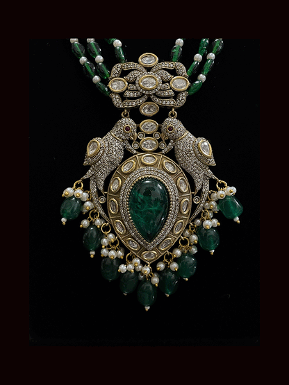 Three coloured glass bead strings long antique finish pendant set with tear drop stone in pendant with AD and kundan