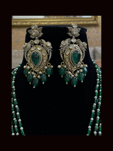 Load image into Gallery viewer, Three coloured glass bead strings long antique finish pendant set with tear drop stone in pendant with AD and kundan