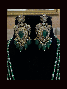 Three coloured glass bead strings long antique finish pendant set with tear drop stone in pendant with AD and kundan