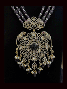 Three beaded 9 inch long strings zircons and kundan studded pendant set with parrot motifs on sides