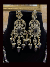 Load image into Gallery viewer, Three beaded 9 inch long strings zircons and kundan studded pendant set with parrot motifs on sides