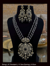 Load image into Gallery viewer, Three beaded 9 inch long strings zircons and kundan studded pendant set with parrot motifs on sides
