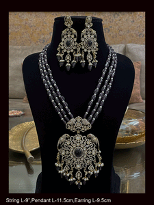Three beaded 9 inch long strings zircons and kundan studded pendant set with parrot motifs on sides