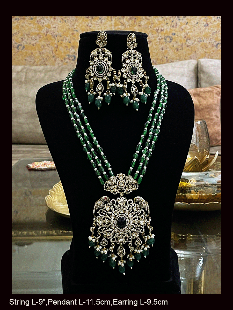 Three beaded 9 inch long strings zircons and kundan studded pendant set with parrot motifs on sides