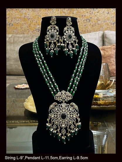 Three beaded 9 inch long strings zircons and kundan studded pendant set with parrot motifs on sides
