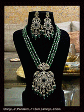 Load image into Gallery viewer, Three beaded 9 inch long strings zircons and kundan studded pendant set with parrot motifs on sides