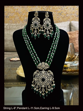 Three beaded 9 inch long strings zircons and kundan studded pendant set with parrot motifs on sides