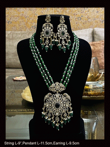 Three beaded 9 inch long strings zircons and kundan studded pendant set with parrot motifs on sides
