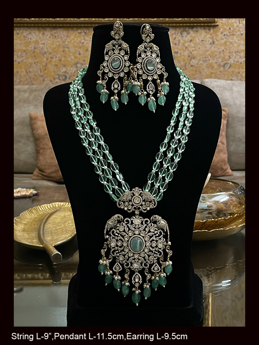 Three beaded 9 inch long strings zircons and kundan studded pendant set with parrot motifs on sides
