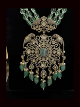Load image into Gallery viewer, Three beaded 9 inch long strings zircons and kundan studded pendant set with parrot motifs on sides