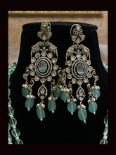 Load image into Gallery viewer, Three beaded 9 inch long strings zircons and kundan studded pendant set with parrot motifs on sides