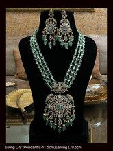 Load image into Gallery viewer, Three beaded 9 inch long strings zircons and kundan studded pendant set with parrot motifs on sides
