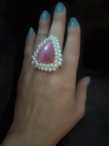 Natural stone adjustable rings with pearly cluster lace