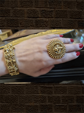 Round gold finish self design ganpatiji adjustable ring - Odara Jewellery