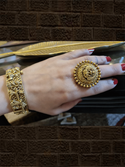Round gold finish self design laxmiji motif ring - Odara Jewellery