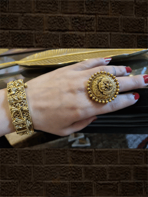 Round gold finish self design laxmiji motif ring - Odara Jewellery