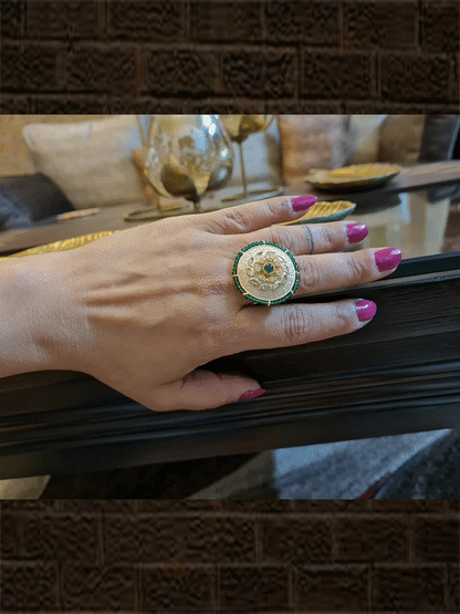 White enamel round kundan embedded green pirohi edge openable ring - Odara Jewellery