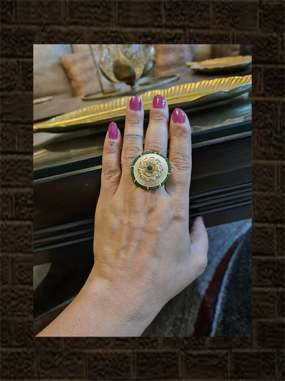 White enamel round kundan embedded green pirohi edge openable ring - Odara Jewellery