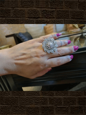 White finish flower design AD ring with light pink stone flower in the center - Odara Jewellery
