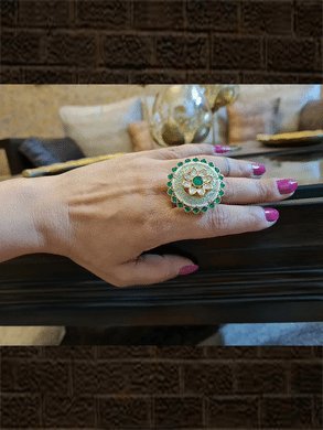 Rotating top green enamel and green stone kundan openable ring - Odara Jewellery
