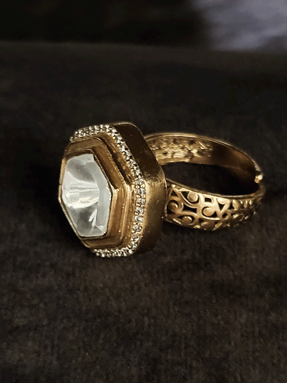 Hexagonal shaped uncut polki adjustable ring with zircon outline