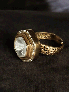 Hexagonal shaped uncut polki adjustable ring with zircon outline