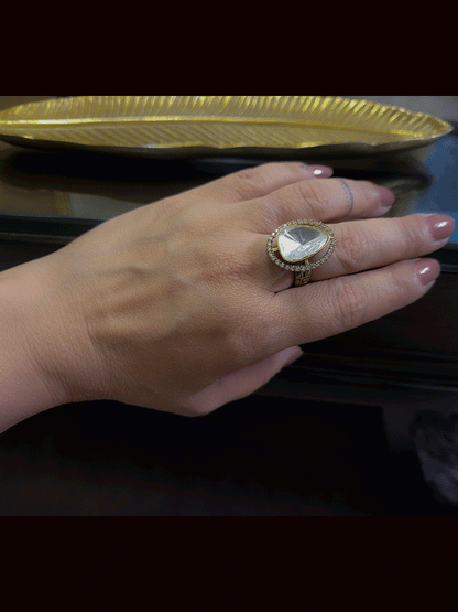 Oval shaped zircon adjustable uncut polki ring