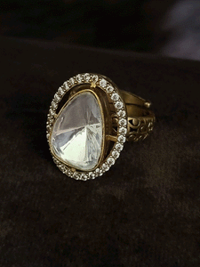 Oval shaped zircon adjustable uncut polki ring
