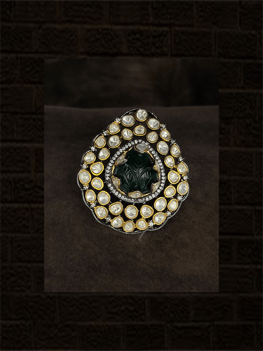 Bold leaf shaped polki and big stone in the center with AD outline adjustable ring - Odara Jewellery