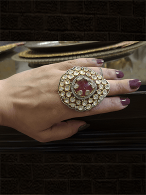 Bold leaf shaped polki and big stone in the center with AD outline adjustable ring - Odara Jewellery