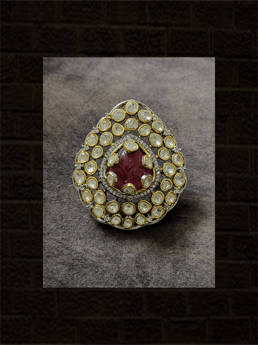 Bold leaf shaped polki and big stone in the center with AD outline adjustable ring - Odara Jewellery