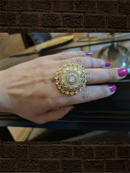 Kundan outline round adjustable ring with AD and enamel work - Odara Jewellery