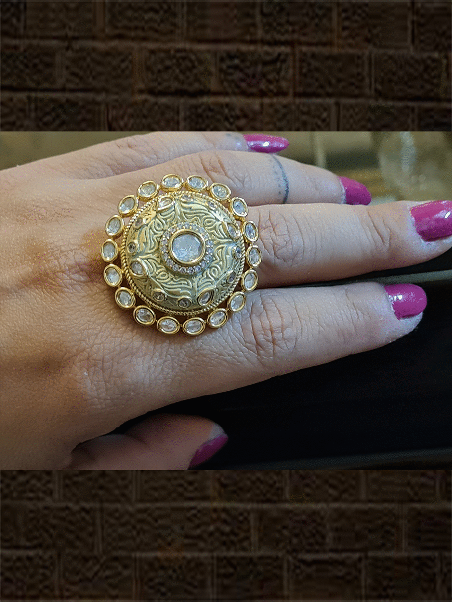 Kundan outline round adjustable ring with AD and enamel work - Odara Jewellery