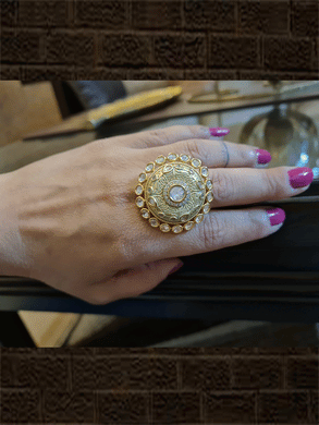 Kundan outline round adjustable ring with AD and enamel work - Odara Jewellery