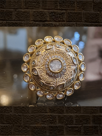 Kundan outline round adjustable ring with AD and enamel work - Odara Jewellery