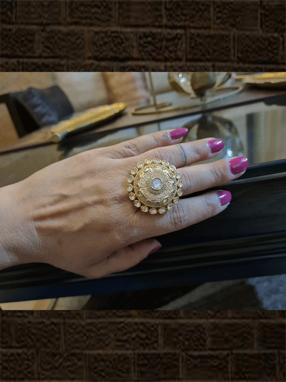 Kundan outline round adjustable ring with AD and enamel work - Odara Jewellery