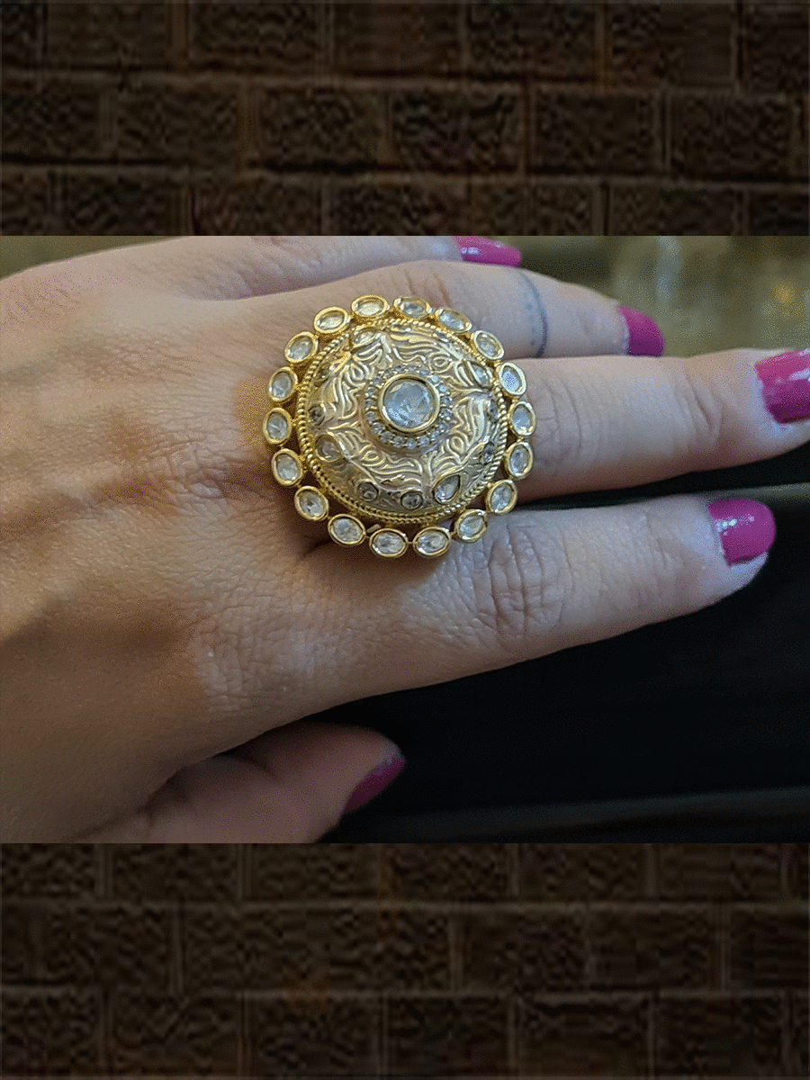 Kundan outline round adjustable ring with AD and enamel work - Odara Jewellery
