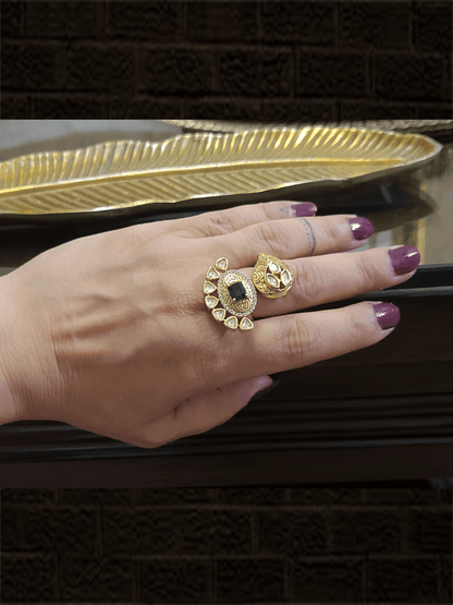 Polki and AD studded leaf top and oval bottom design ring - Odara Jewellery