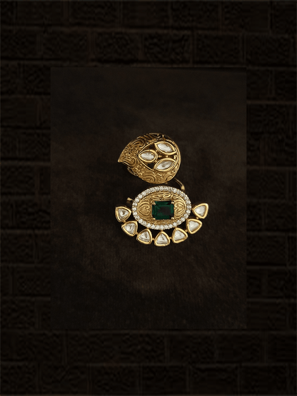 Polki and AD studded leaf top and oval bottom design ring - Odara Jewellery