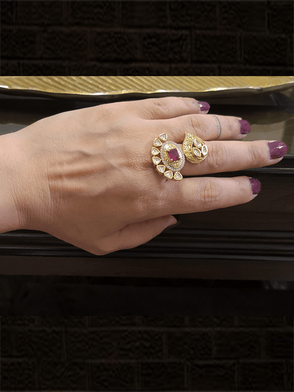 Polki and AD studded leaf top and oval bottom design ring - Odara Jewellery