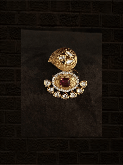 Polki and AD studded leaf top and oval bottom design ring - Odara Jewellery