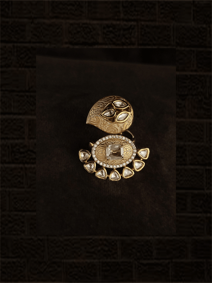 Polki and AD studded leaf top and oval bottom design ring - Odara Jewellery