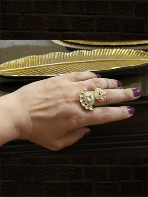 Polki and AD studded leaf top and oval bottom design ring - Odara Jewellery