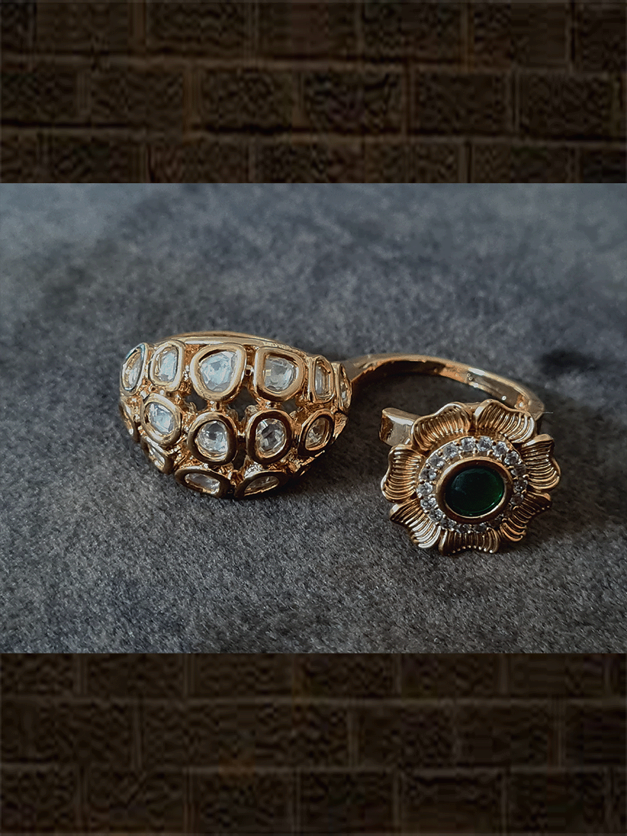 Kundan and AD embedded flower design double finger ring with stones - Odara Jewellery